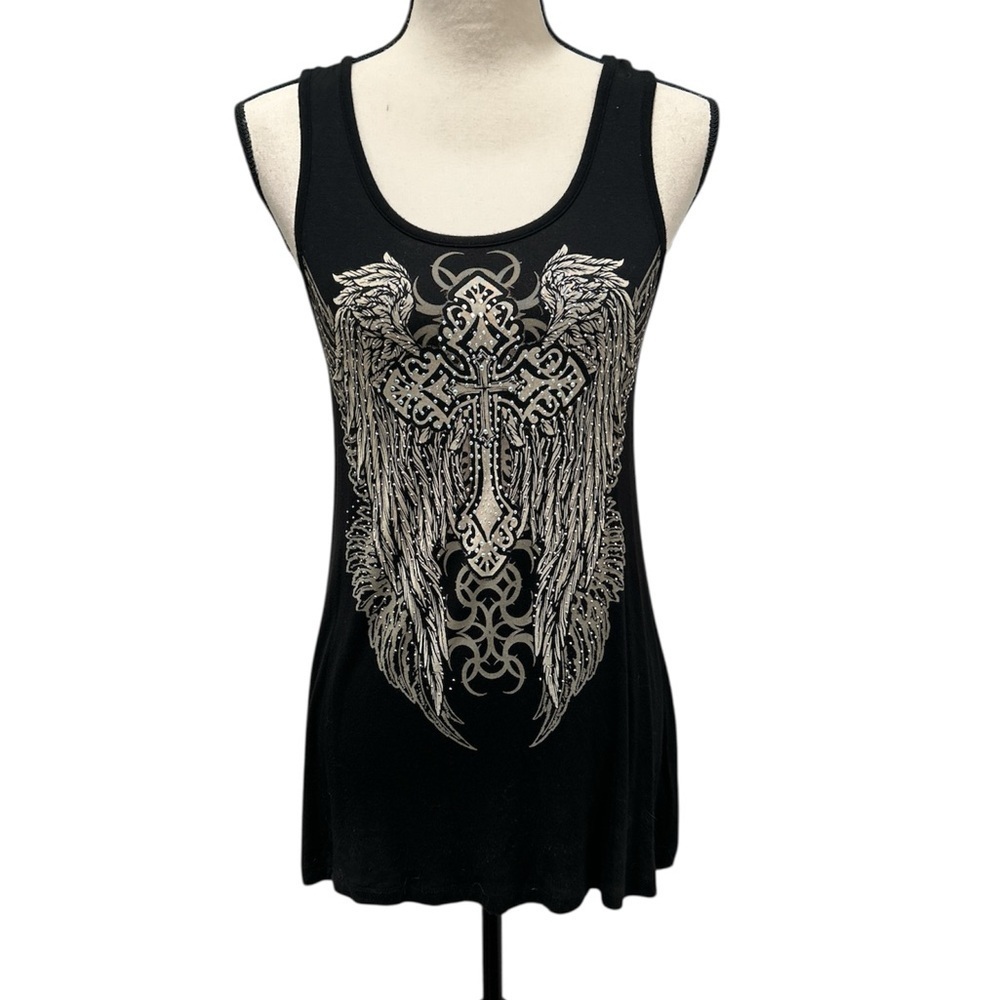 Elegant Black Winged Graphic Tank Top